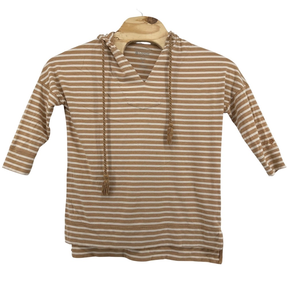Coolibar Key Colony Beach Hoodie Tan White Striped UPF 50+ Sun Top WomensXS